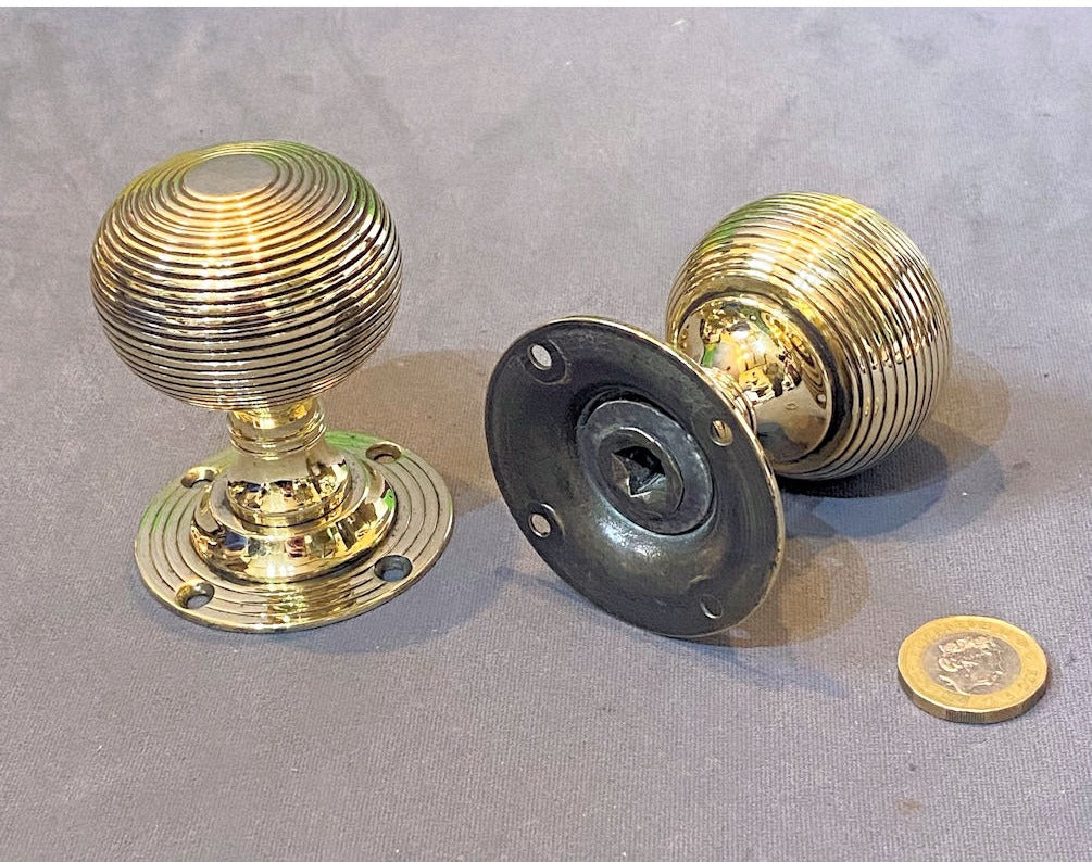 Pair of Ribbed Brass Door Handles — view 2