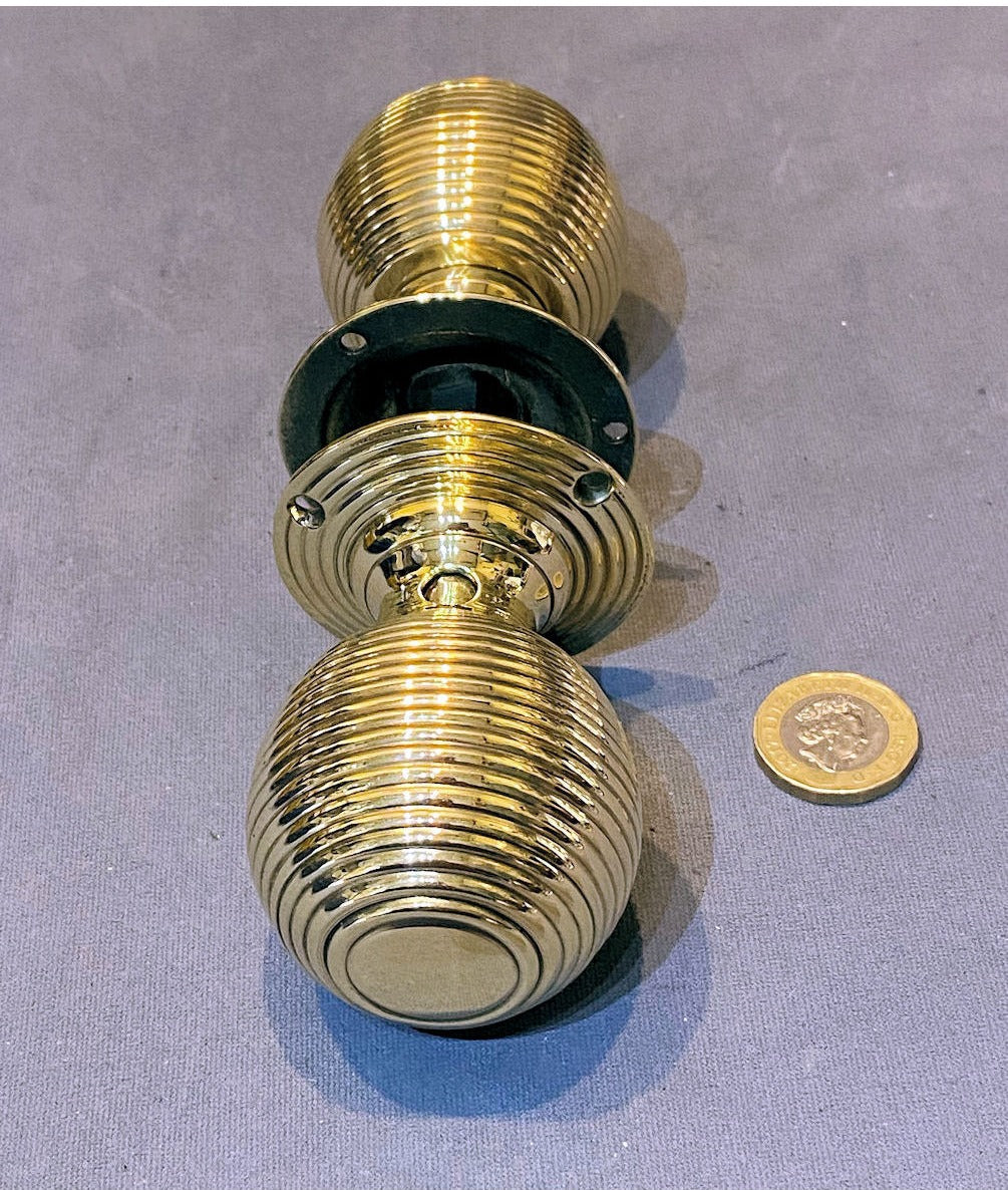 Pair of Ribbed Brass Door Handles — view 2