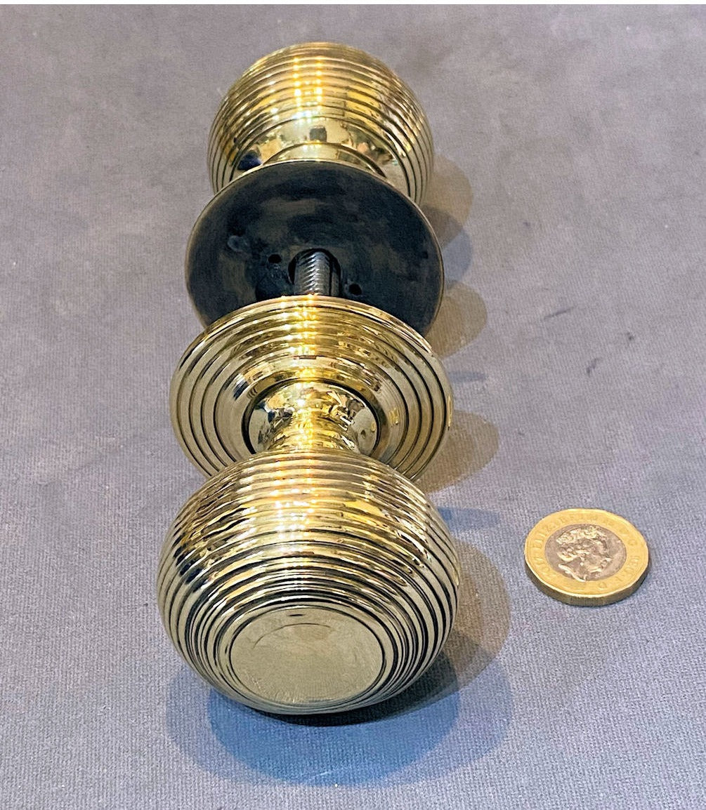 Pair of Ribbed Brass Door Handles — view 2