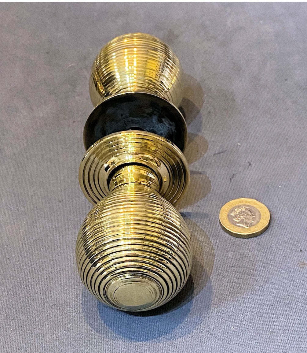 Pair of Ribbed Brass Door Handles — view 2