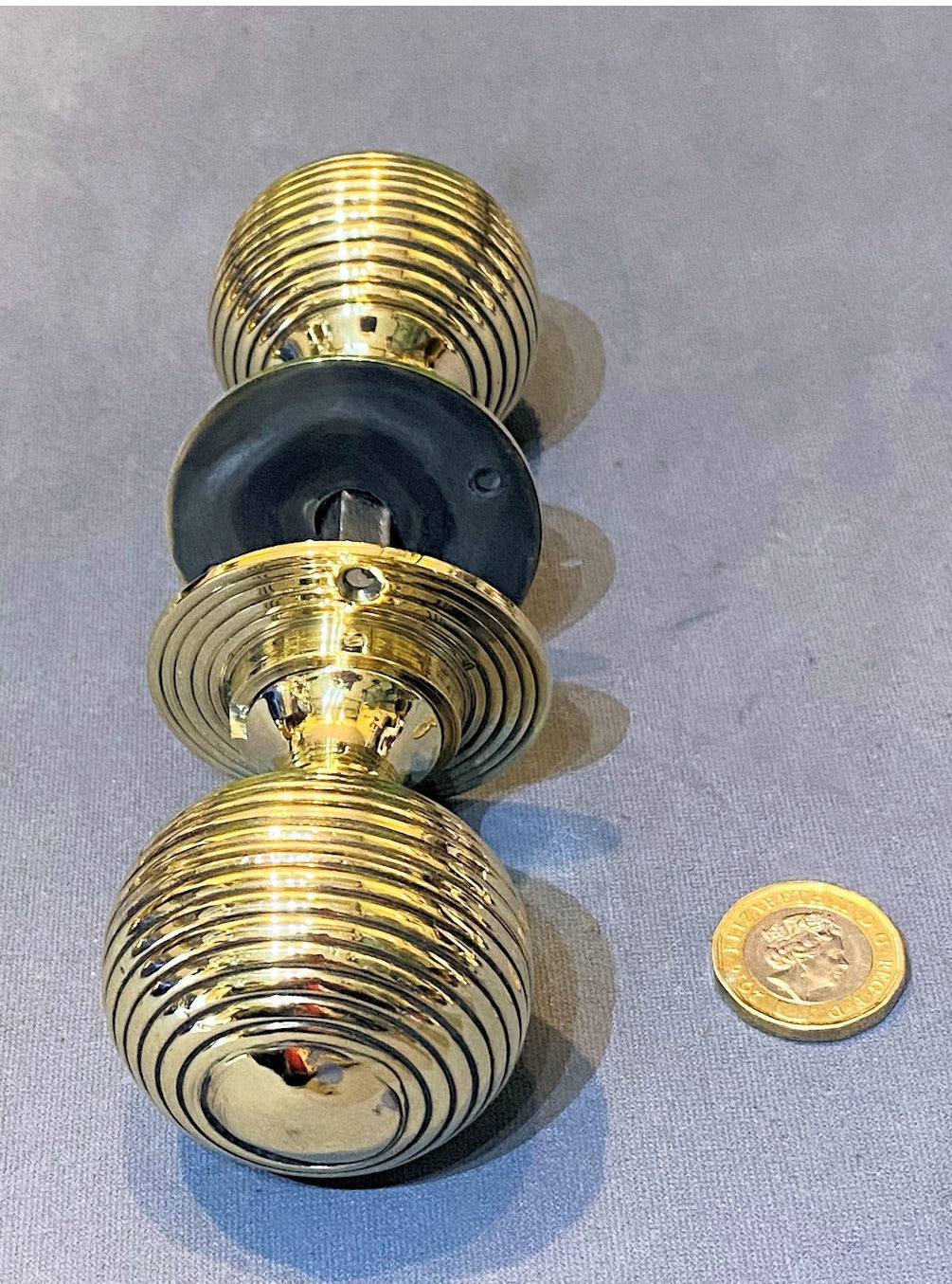 Pair of Ribbed Brass Door Handles — view 2