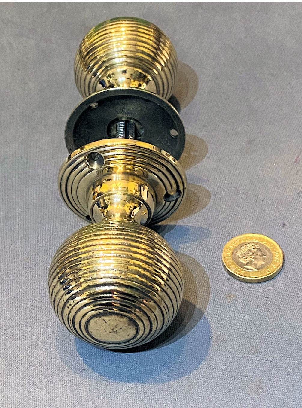 Pair of Ribbed Brass Door Handles — view 2