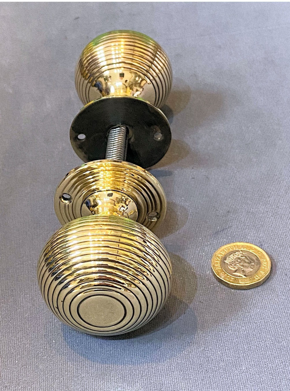 Pair of Ribbed Brass Door Handles — view 2
