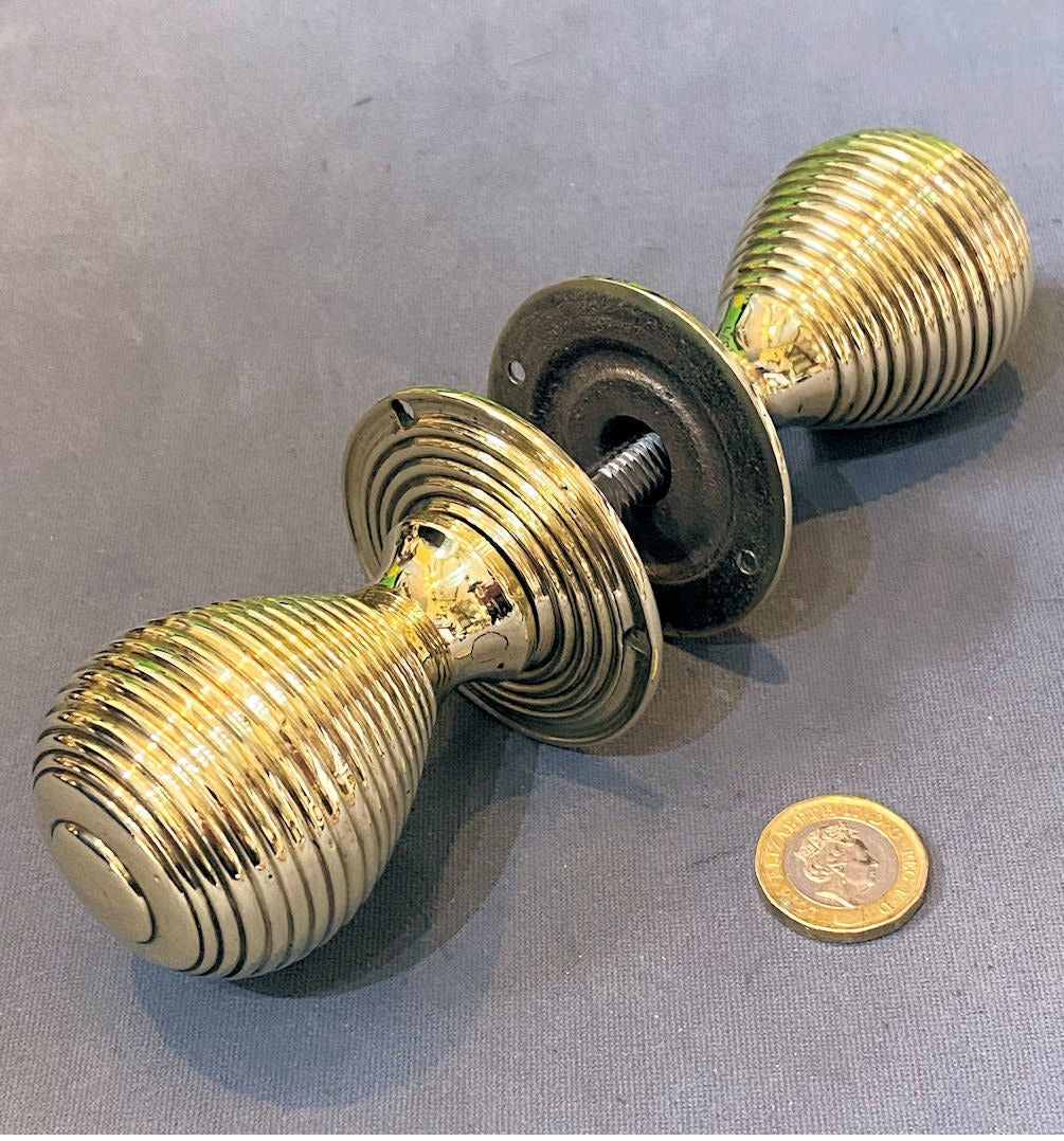 Pair of Ribbed Brass Door Handles — Brass, 19th century