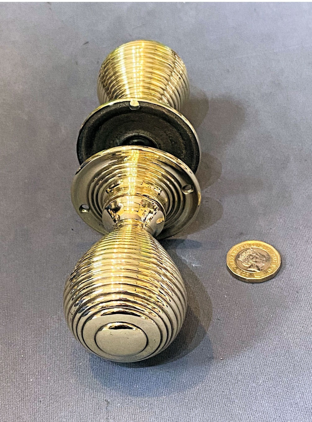 Pair of Ribbed Brass Door Handles — view 2