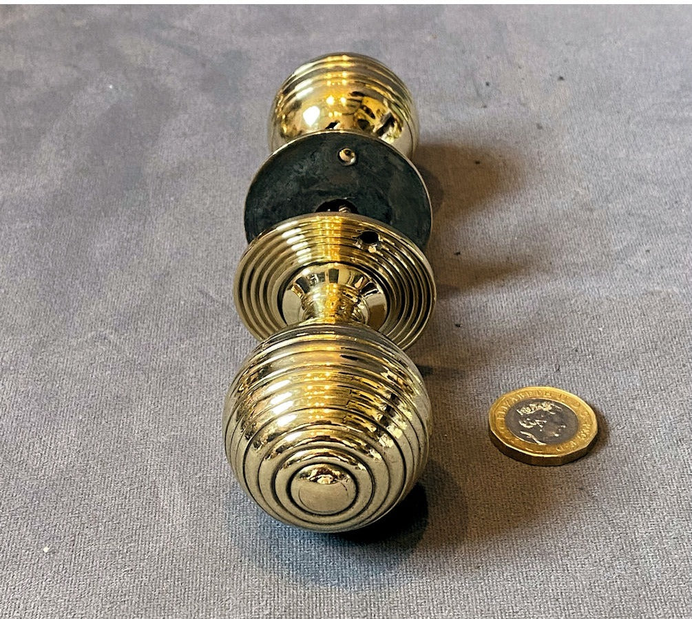 Pair of Ribbed Brass Door Handles — view 2