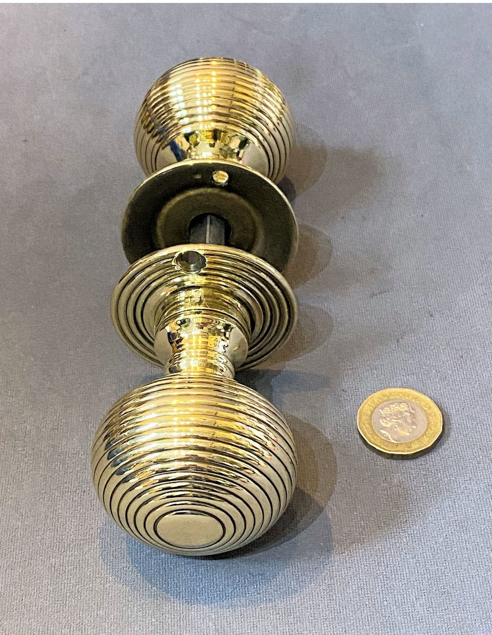 Pair of Ribbed Brass Door Knobs, 4 pairs available — view 2
