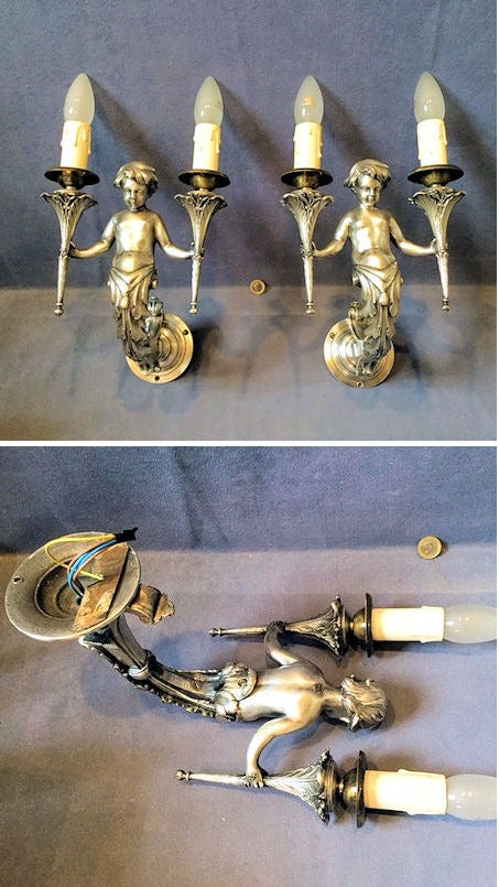 Pair of Silver Plated Cherub Wall Lights — Silver plate, late 19th century