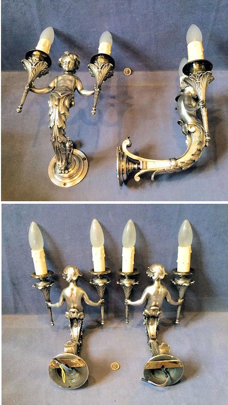 Pair of Silver Plated Cherub Wall Lights — view 2