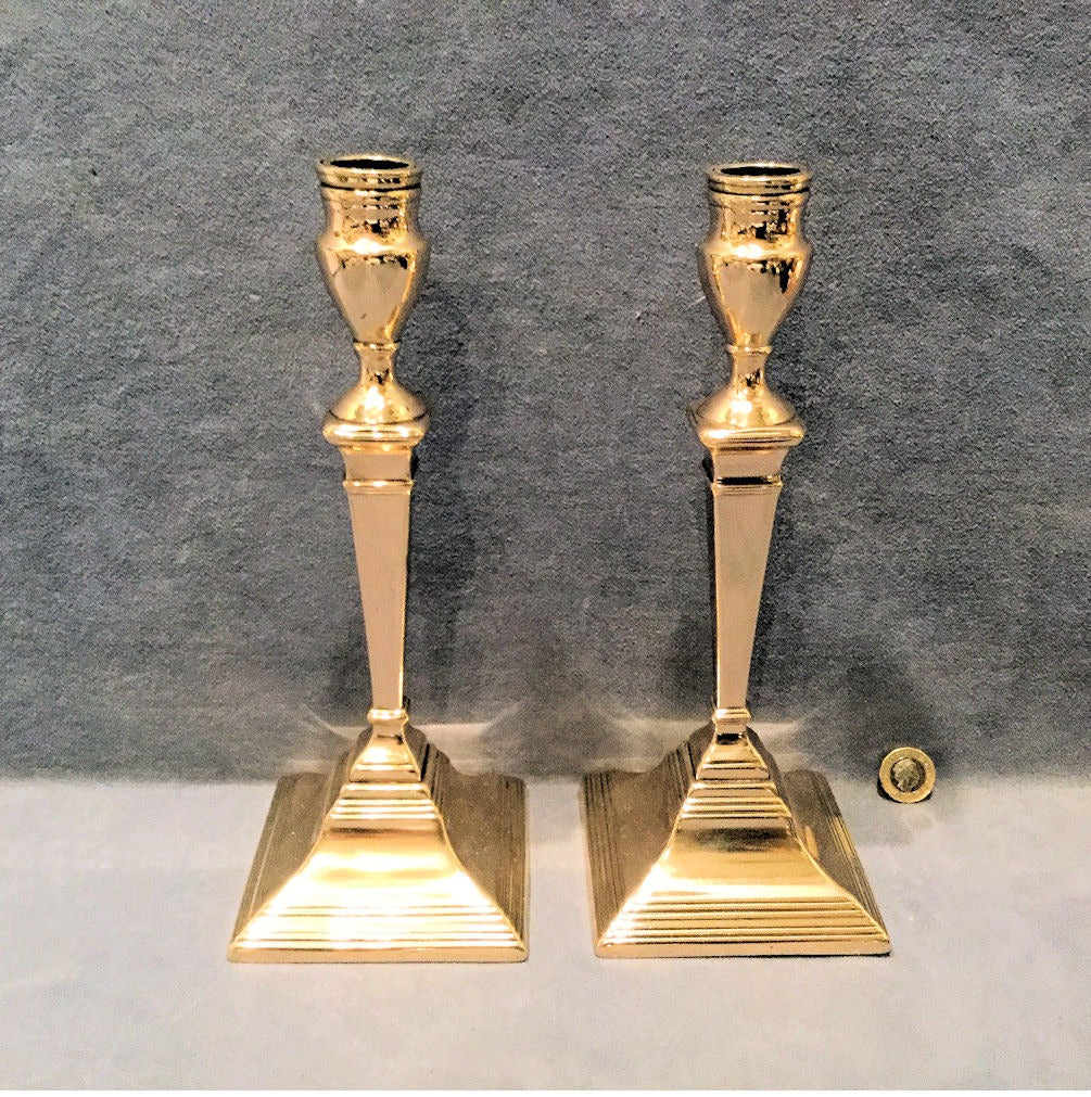 Pair of Square Brass Candlesticks — Brass, early 19th century