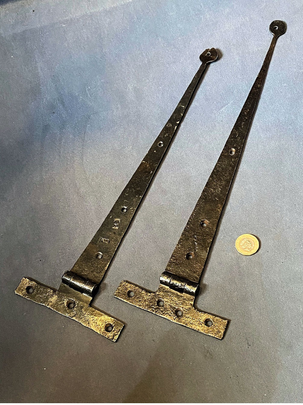 Pair of 'T' Wrought Iron Door Hinges — Wrought iron, late 19th century