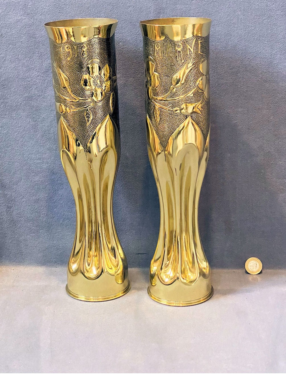 Pair of Trench Art Brass Shell Case — Brass, 1918