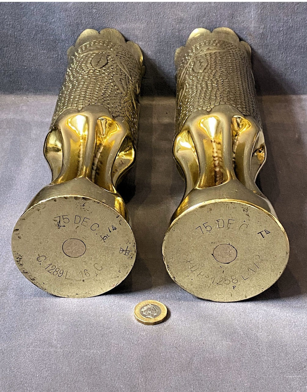 Pair of Trench Art Brass Shell Cases — view 3