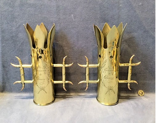 Pair of Trench Art Decorated Brass Shell Cases — Brass, 1917