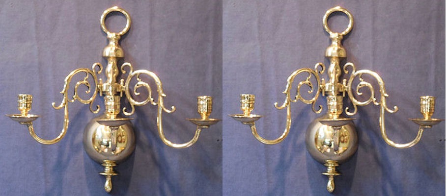 Pair of Triple Branch Brass Candle Wall Lights — Brass, 1920's