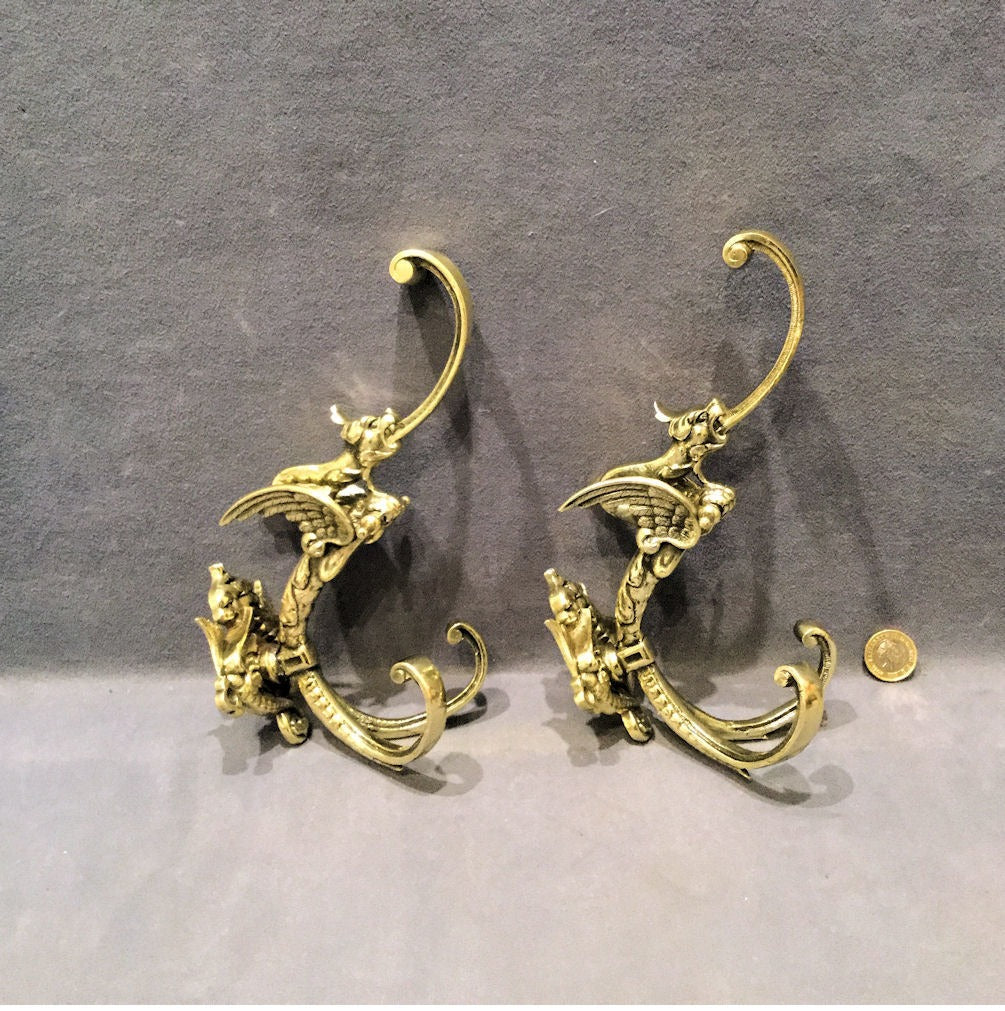 Pair of Triple Brass Hat and Coat Hooks — Brass, late 19th century