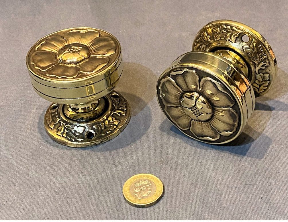 Pair of Tudor Rose Brass Door Handles — Brass, late 19th century