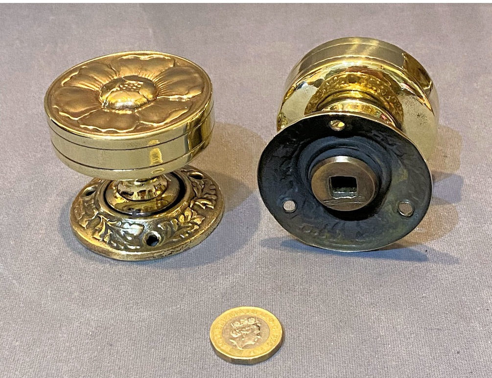 Pair of Tudor Rose Brass Door Handles — view 2