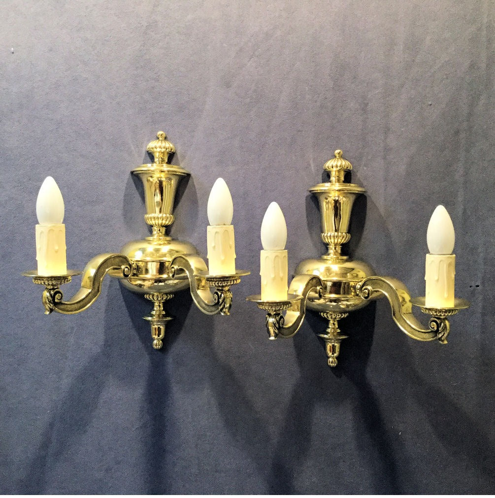 Pair of Twin Branch Electric Wall Lights — Brass, 1920's