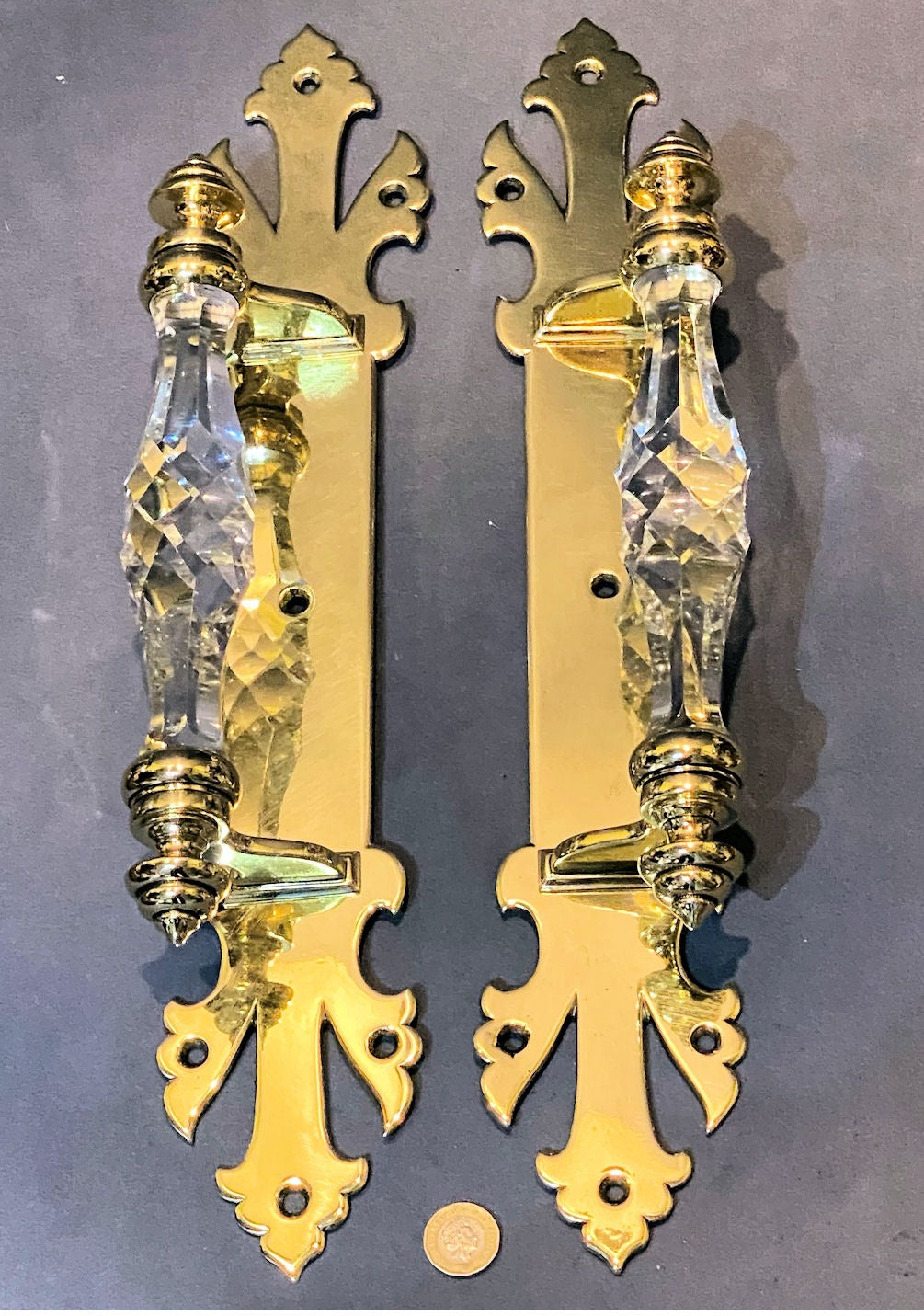 Pair of Very Large Glass & Brass Door Pulls — Glass, late 19th century