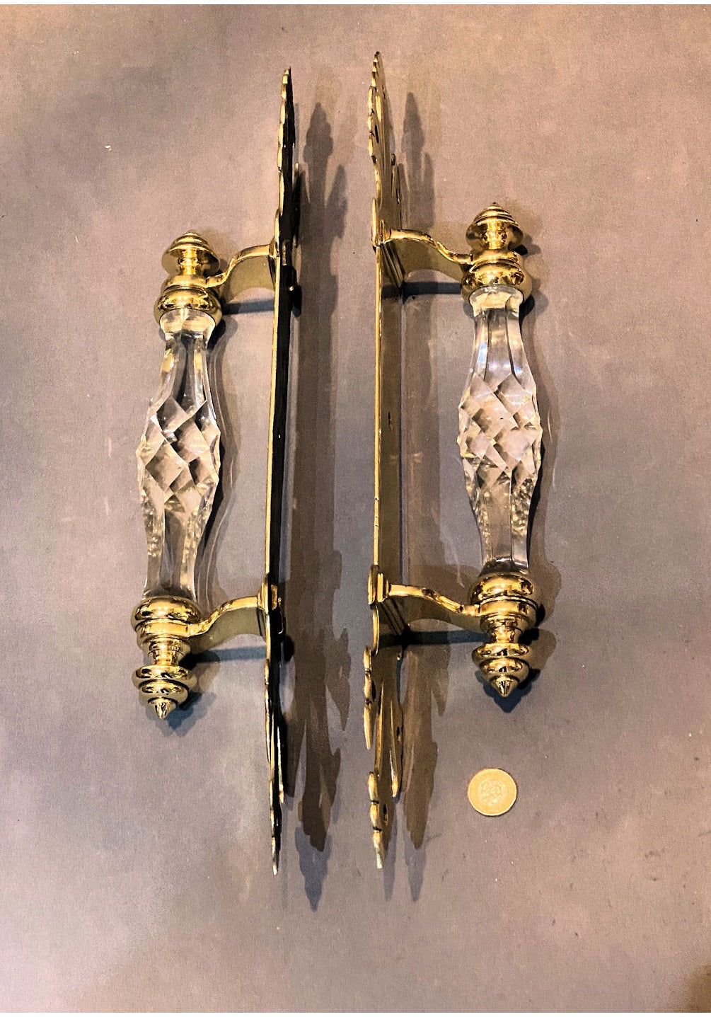 Pair of Very Large Glass & Brass Door Pulls — view 2