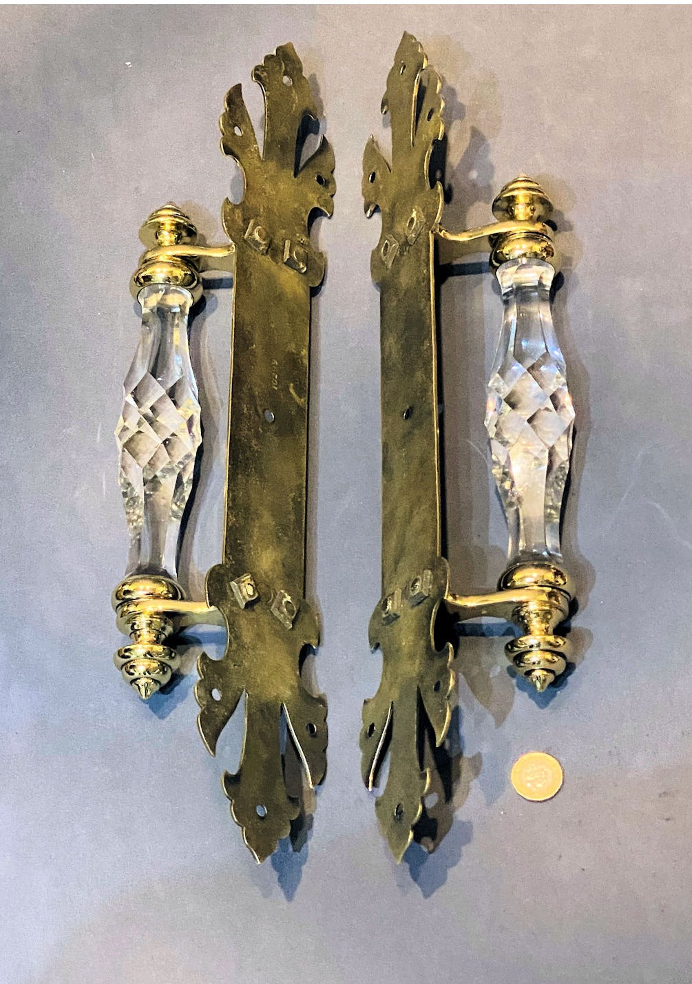 Pair of Very Large Glass & Brass Door Pulls — view 3