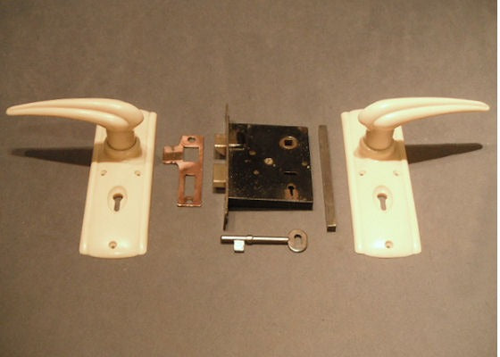 Pair of White Bakelite Lever Door Handles with Mortice Lock, 4 sets available — Bakelite, 1938