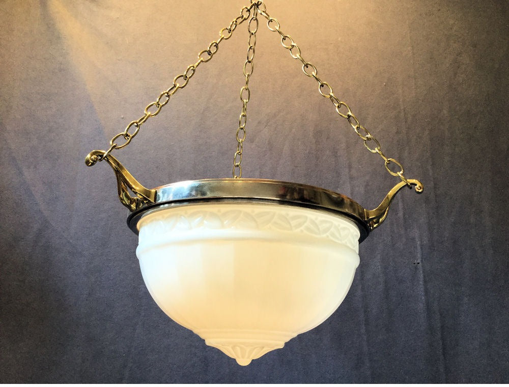 Pressed White Glass and Brass Electric Light Fitting — Glass, 1920's