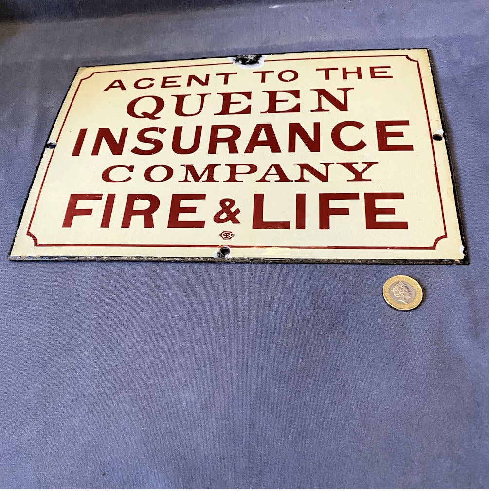 Queen Insurance Co. Enamel Sign — Enamel, late 19th century