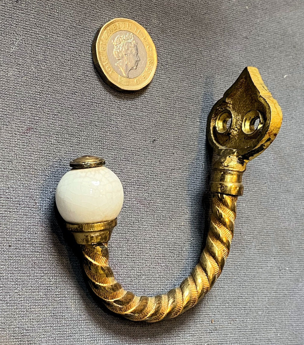 Run of Brass & Ceramic Coat Hooks, 5 matching available — Brass, late 19th century