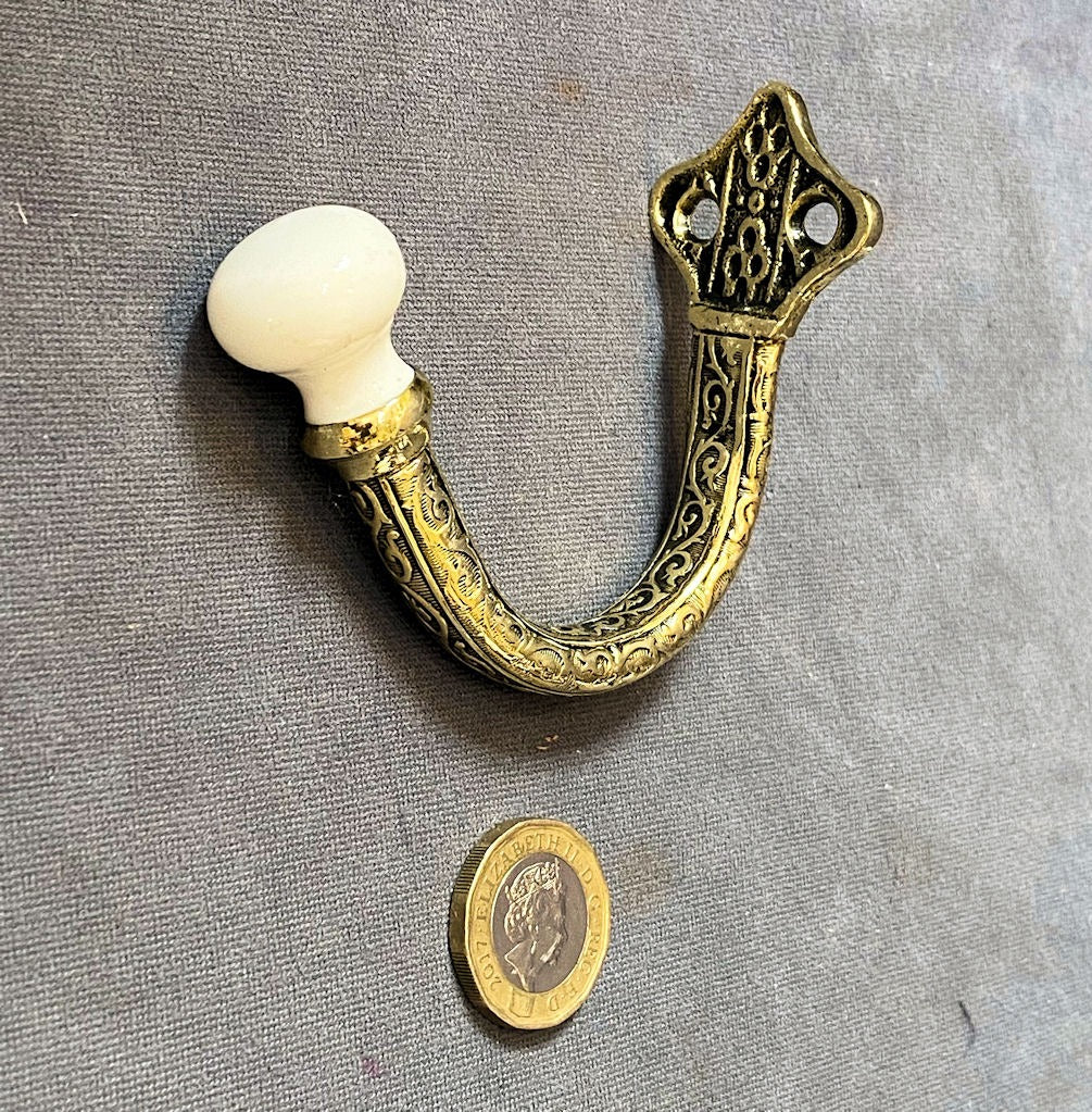 Run of Brass & Ceramic Hat or Coat Hooks, 5 available — Brass