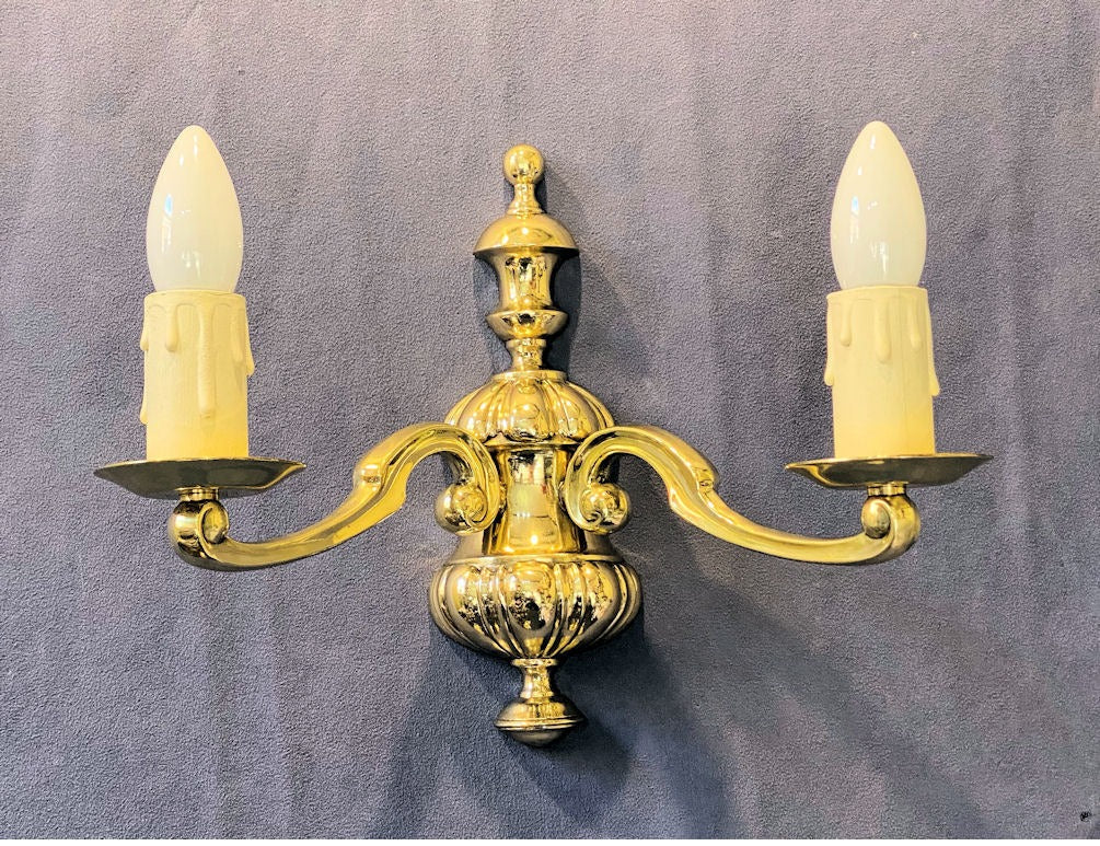 Run of Brass Twin Branch Electric Wall Lights, 12 matching available — Brass, 1920's