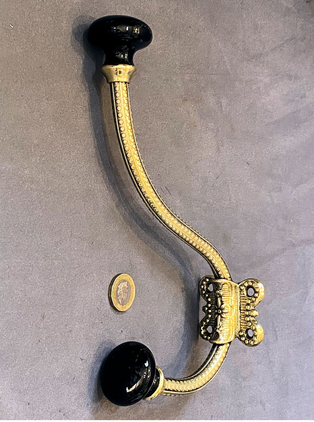 Run of Large Brass & Ceramic Hat & Coat Hooks, 5 matching available — Brass, late 19th century