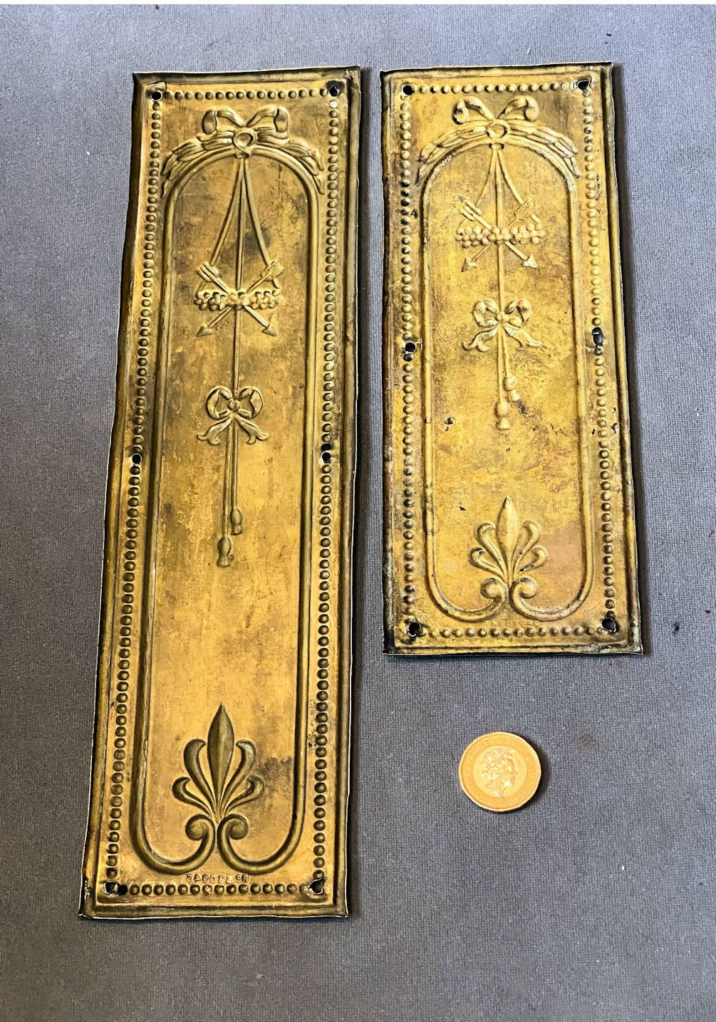 Run of Pressed Brass Fingeplates, 4 large & 3 small available — view 2