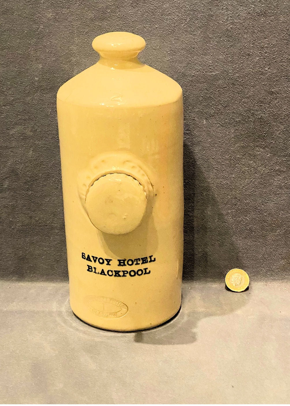 Savoy Hotel Blackpool Stoneware Footwarmer — Stoneware, circa 1900
