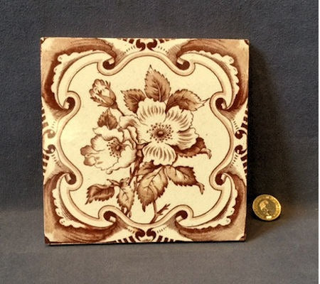 Sepia Decorated Tile, 2 available — late 19th century