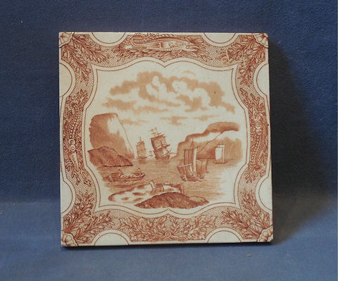 Sepia Fishing Boat Tile, 6 available — Ceramic, 1920's
