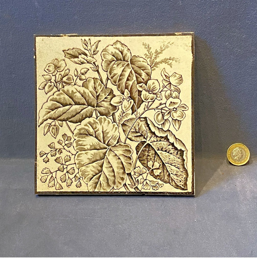 Sepia Floral Ceramic Tile, 3 available — Ceramic, late 19th century