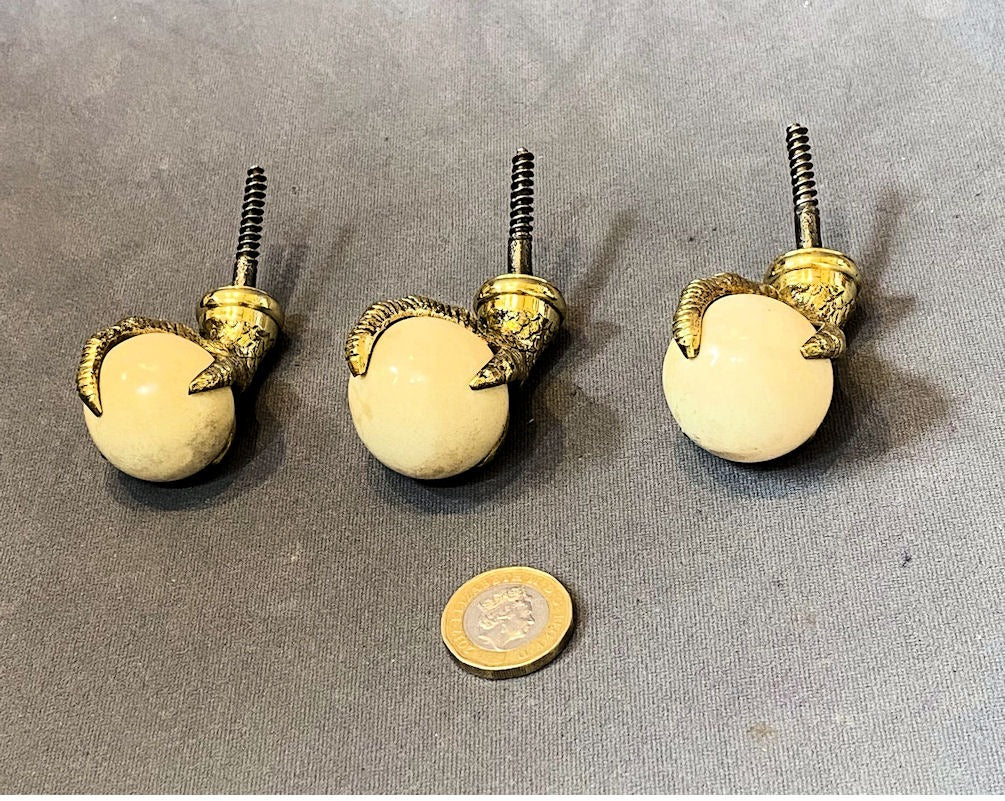 Set of 3 Brass & Ceramic Casters — Brass, late 19th century