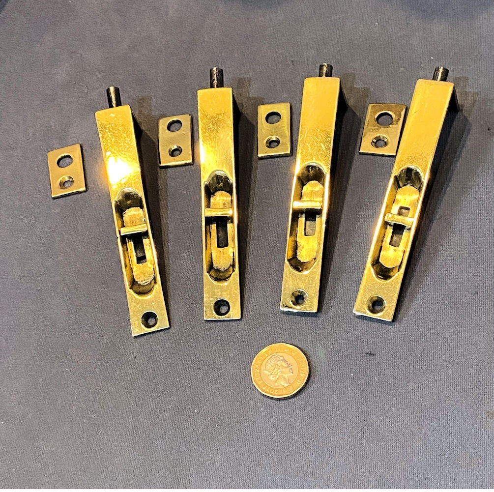 Set of 4 4" Recessed Brass Door Bolts — Brass, late 19th century