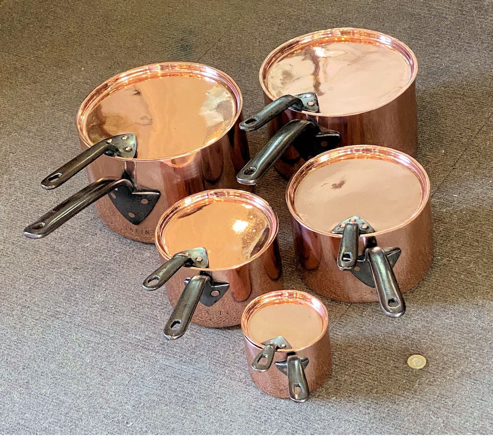 Set of 5 Matching Copper Saucepans with Lids — Copper, late 19th century