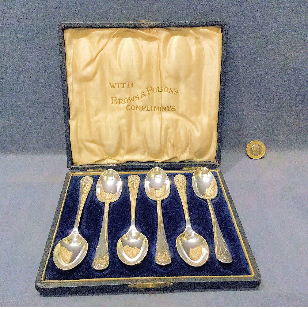 Set of 6 Brown & Polsons Tea Spoons — Silver plate, 1920's
