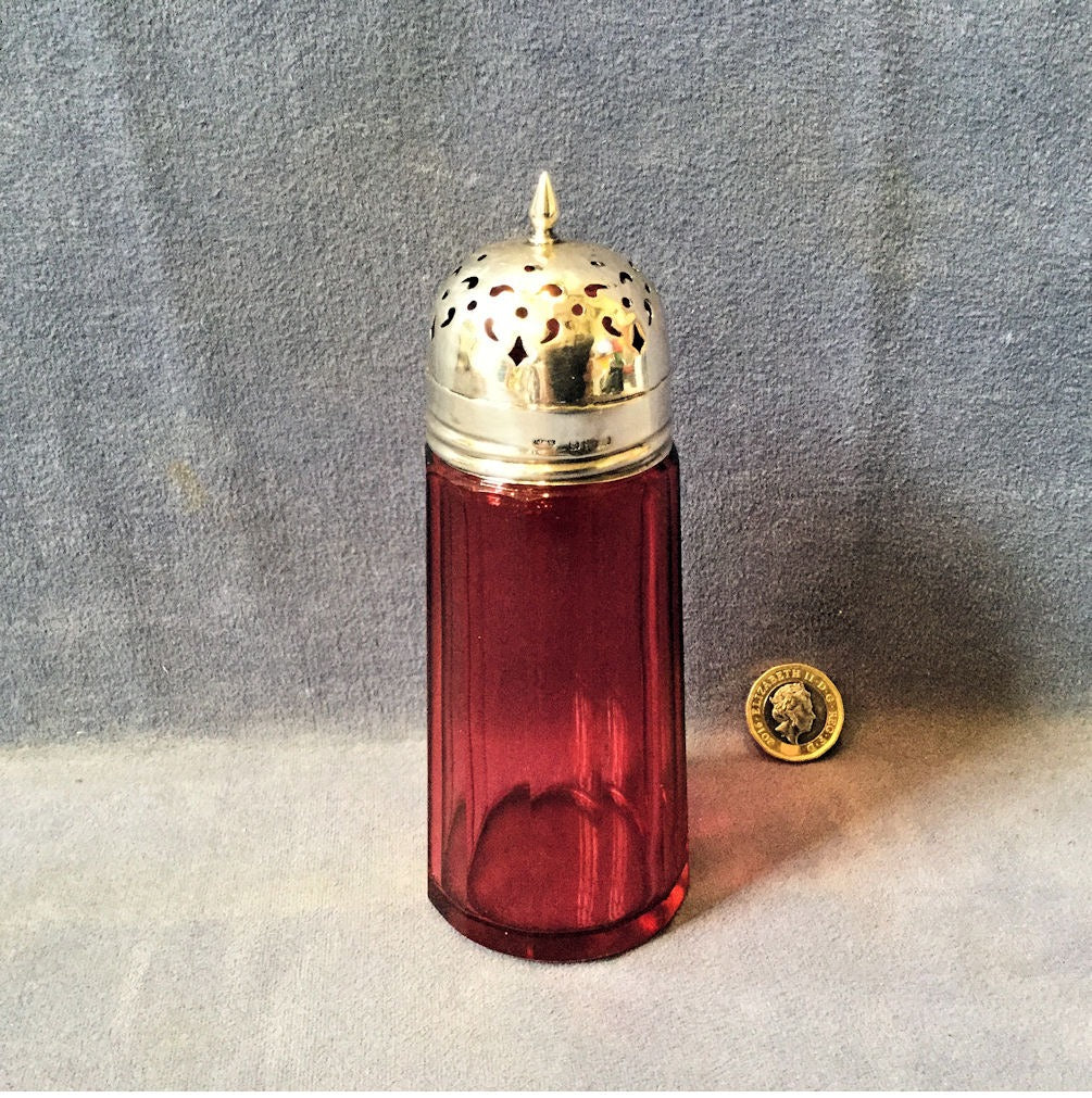 Silver Mounted Cranberry Glass Sugar Shaker — Silver, 1920's