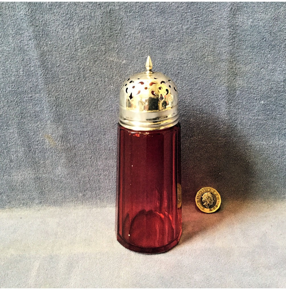 Silver Mounted Cranberry Glass Sugar Shaker — view 2
