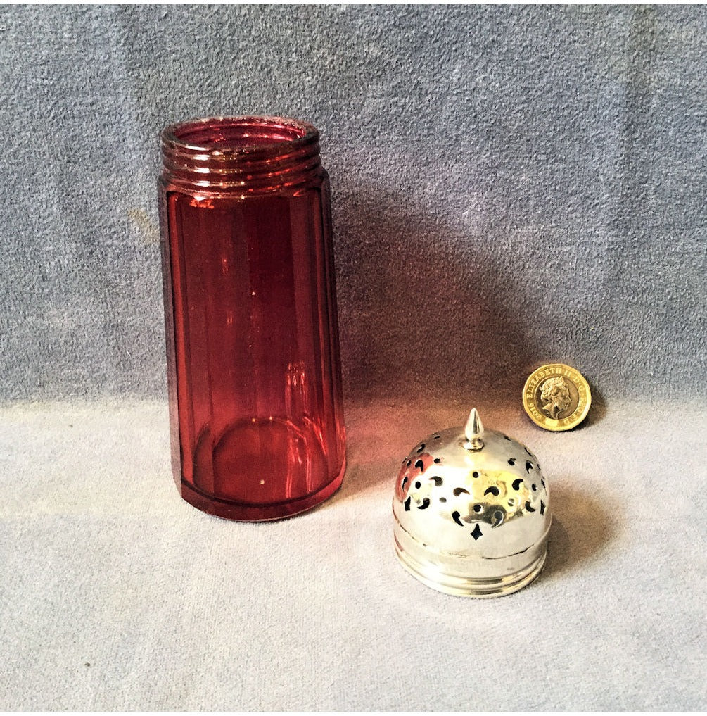Silver Mounted Cranberry Glass Sugar Shaker — view 3