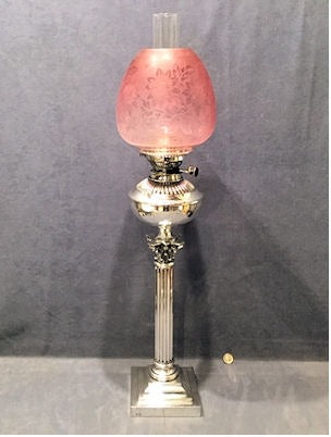 Silver Plated Corinthian Column Oil Lamp — Silver plate, late 19th century