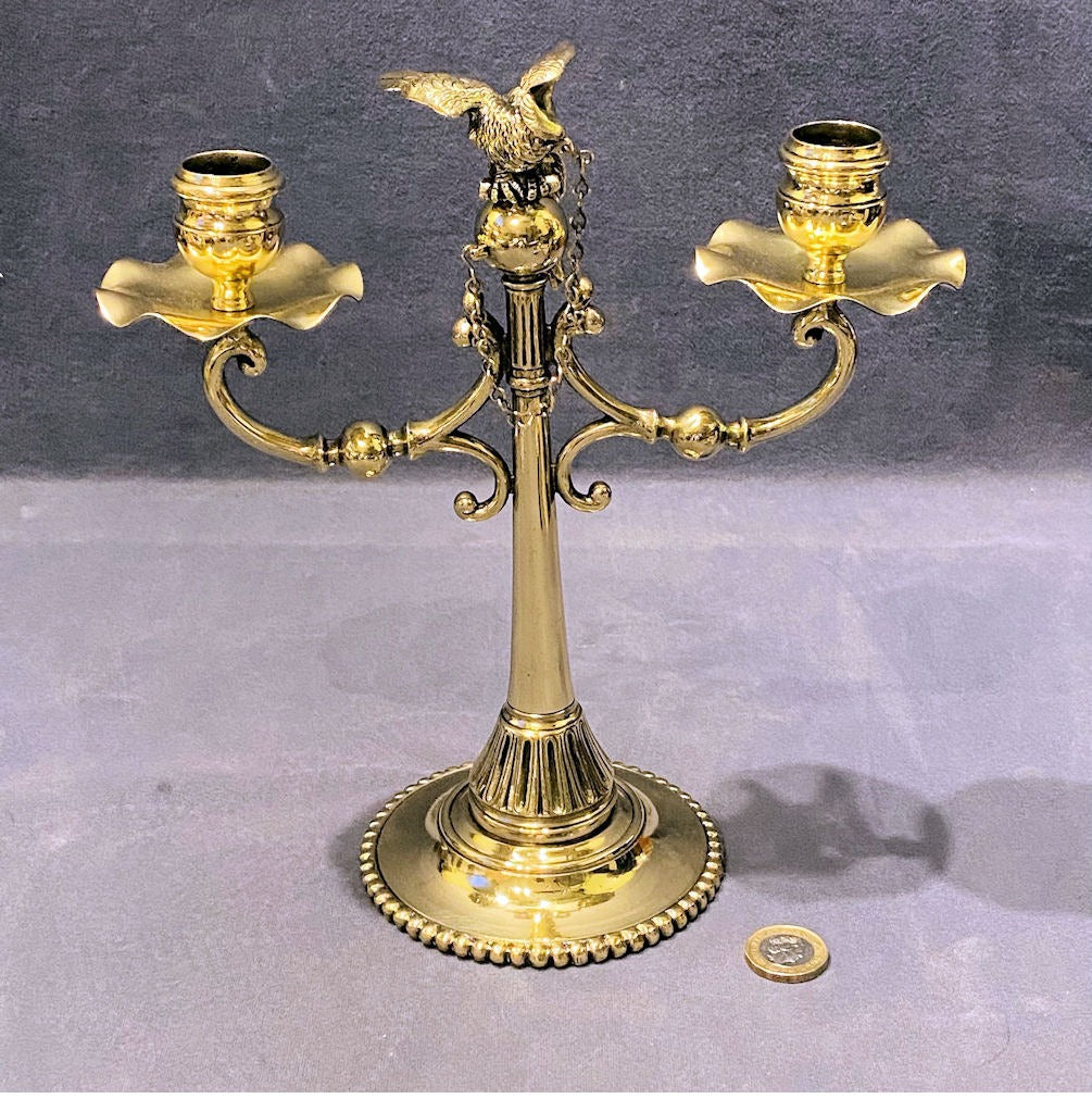 Twin Branch Brass Candelabra with Parrot — Brass, circa 1900