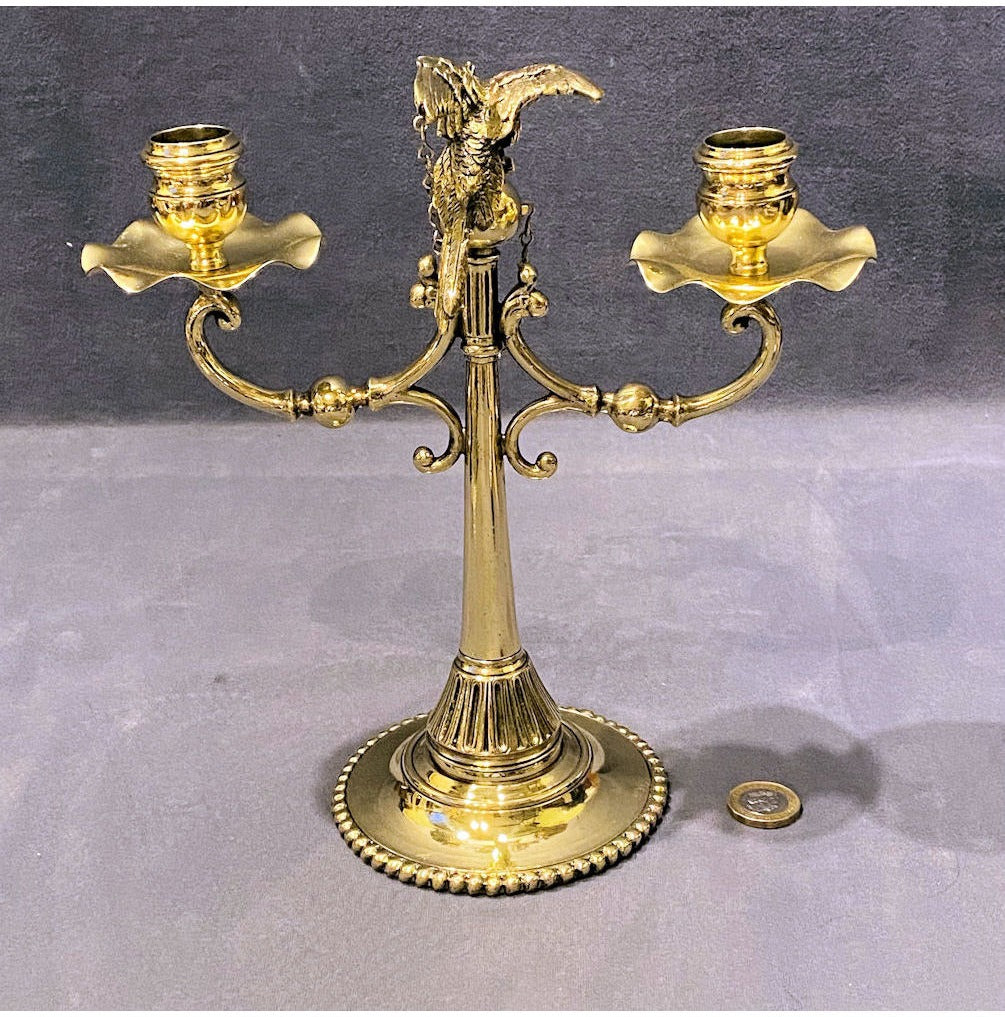 Twin Branch Brass Candelabra with Parrot — view 2