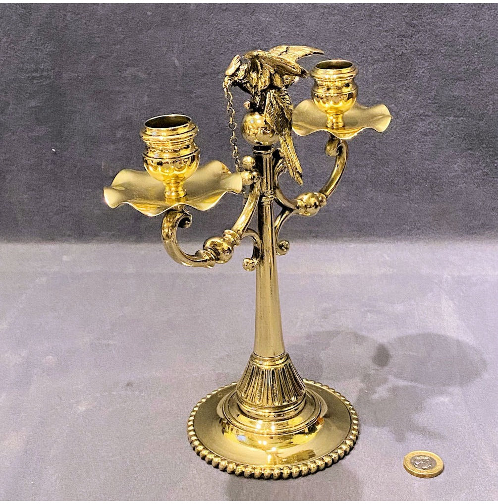 Twin Branch Brass Candelabra with Parrot — view 3