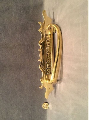 Vertical Brass Letter Flap with Door Pull — Brass, circa 1900